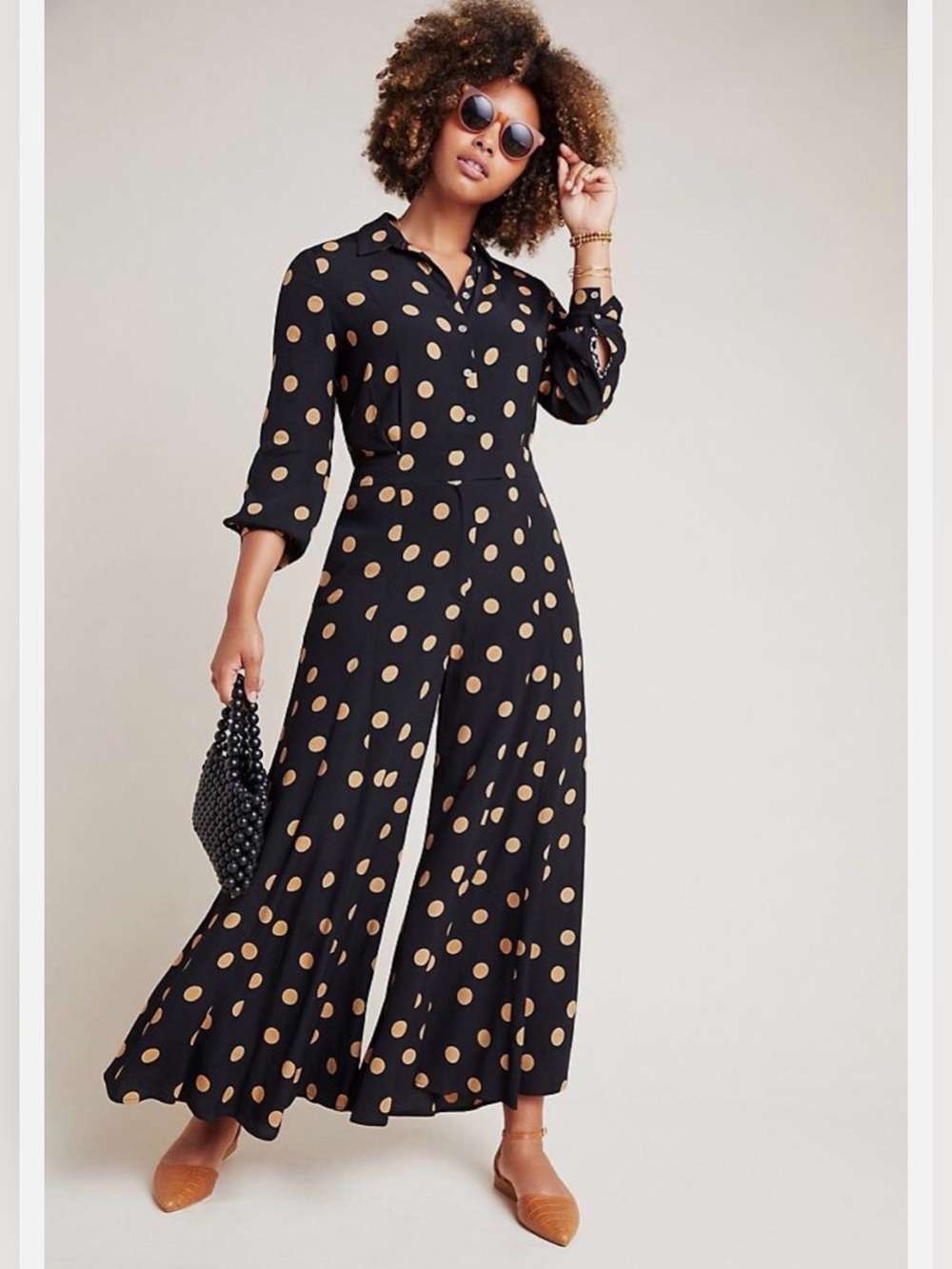 Anthropologie Loveland black and gold polka-dot wide leg jumpsuit